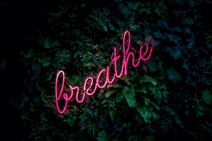 Pink neon light shaped into the word "breathe" written in script.